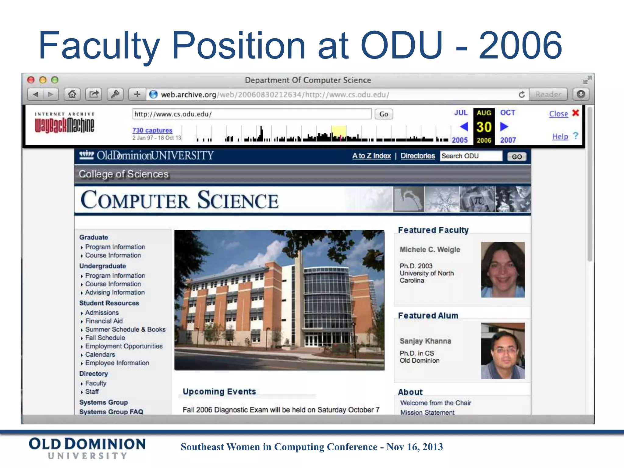 Faculty Position at ODU - 2006

Southeast Women in Computing Conference - Nov 16, 2013

 