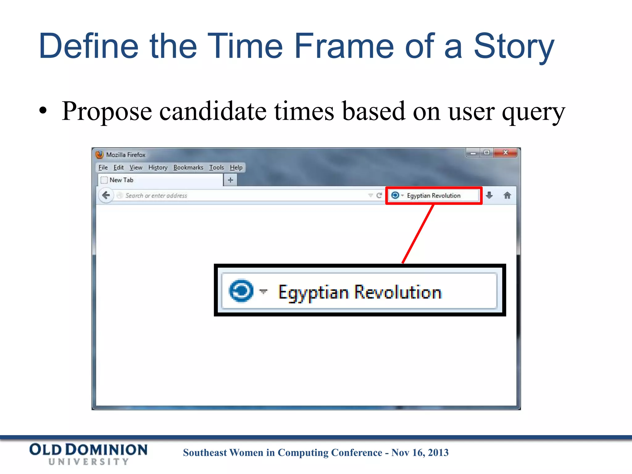 Define the Time Frame of a Story
• Propose candidate times based on user query

Southeast Women in Computing Conference - Nov 16, 2013

 