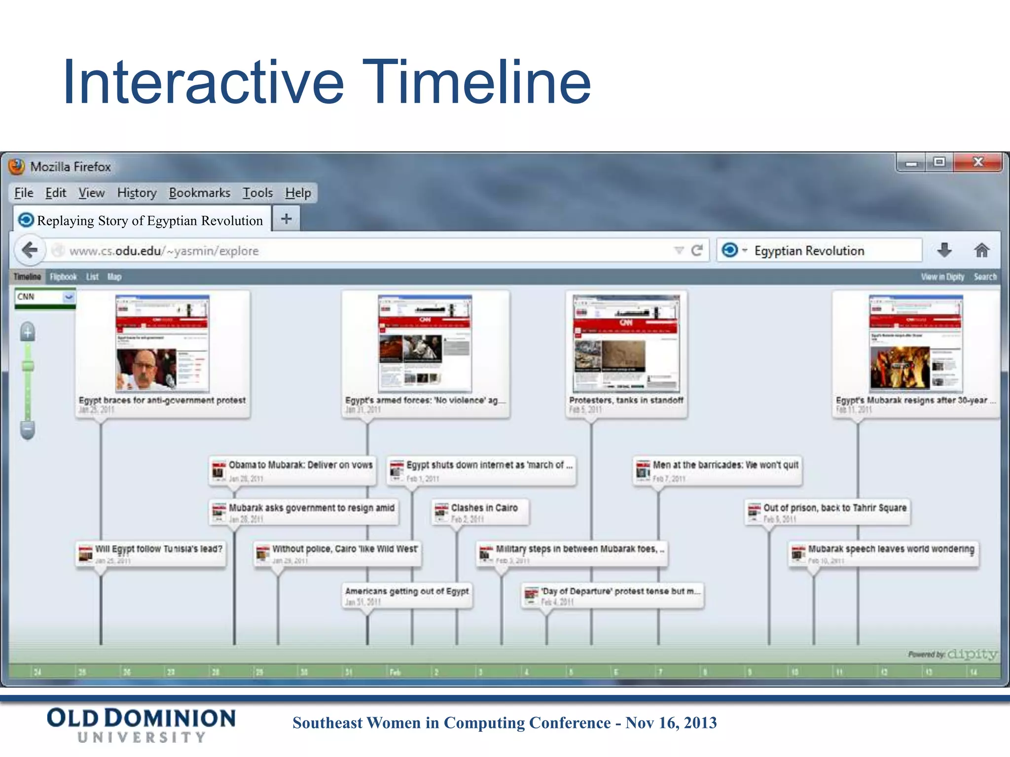Interactive Timeline
Replaying Story of Egyptian Revolution

Southeast Women in Computing Conference - Nov 16, 2013

 