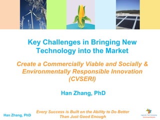 Key Challenges in Bringing New
              Technology into the Market
      Create a Commercially Viable and Socially &
       Environmentally Responsible Innovation
                     (CVSERI)

                              Han Zhang, PhD


                 Every Success is Built on the Ability to Do Better
Han Zhang, PhD              Than Just Good Enough
 