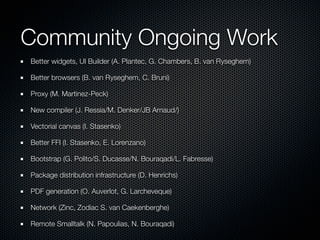 Community Ongoing Work
Better widgets, UI Builder (A. Plantec, G. Chambers, B. van Ryseghem)
Better browsers (B. van Ryseghem, C. Bruni)
Proxy (M. Martinez-Peck)
New compiler (J. Ressia/M. Denker/JB Arnaud/)
Vectorial canvas (I. Stasenko)
Better FFI (I. Stasenko, E. Lorenzano)
Bootstrap (G. Polito/S. Ducasse/N. Bouraqadi/L. Fabresse)
Package distribution infrastructure (D. Henrichs)
PDF generation (O. Auverlot, G. Larcheveque)
Network (Zinc, Zodiac S. van Caekenberghe)
Remote Smalltalk (N. Papoulias, N. Bouraqadi)

 