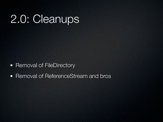2.0: Cleanups

Removal of FileDirectory
Removal of ReferenceStream and bros

 