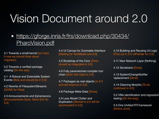 Vision Document around 2.0
https://gforge.inria.fr/frs/download.php/30434/
PharoVision.pdf
3.1 Towards a small kernel [we have
it now we should think about
migration]
3.2 Towards a veriﬁed package
catalog [On the way]
4.1  A Robust and Extensible System
Events [Beta and should be in 3.0]
4.2 Rewrite of Filesystem/Streams
[DONE for Files]
4.3 Announcements and Ephemerons  
[Annoucements Done. More Enh for
3.0]

4.4 UI Canvas for Zoomable Interface
[Waiting for TextModel and 3.0]

4.10 Building and Reusing UI Logic
[First cut in 2.0 UIPainter for 3.0]

4.5 Bootstrap of the Core [Done
should be integrated in 3.0]

4.11 New Network Layer [Nothing]
4.12 Serializers [Done]

4.6 Fully parametrized compiler tool
chain [Start with Opal in 3.0]
4.7 Packages as real objects [in 2.0
and will improve in 3.0]

4.13 SystemChangeNotiﬁer
replacement [Done]
4.14 Cleaning Morphic [To be
continued in 3.0]

4.8 Package Meta-Data [Done]
4.9 Less Model Clutter and
Duplication [Started in 2.0 will be
accentuated in 3.0]

5.2 VMs identiﬁcation and regression
testing [On the way]
5.3 One Uniﬁed FFI framework
[before June]

 