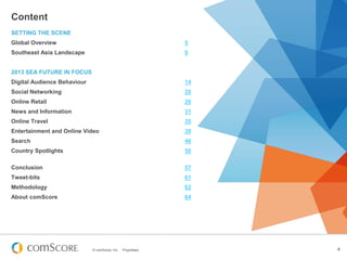 © comScore, Inc. Proprietary. 4
Content
SETTING THE SCENE
Global Overview 5
Southeast Asia Landscape 9
2013 SEA FUTURE IN FOCUS
Digital Audience Behaviour 14
Social Networking 20
Online Retail 26
News and Information 31
Online Travel 35
Entertainment and Online Video 39
Search 46
Country Spotlights 50
Conclusion 57
Tweet-bits 61
Methodology 62
About comScore 64
 