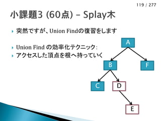 119 / 277




   突然ですが、Union Findの復習をします
                                    A
   Union Find の効率化テクニック：
   アクセスした頂点を根へ持っていく
                            B                   F


                       C        D


                                        E
 