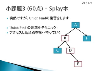 120 / 277




   突然ですが、Union Findの復習をします
                                    A
   Union Find の効率化テクニック：
   アクセスした頂点を根へ持っていく
                            B                   F


                       C        D


                                        E
 