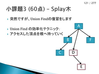 121 / 277




   突然ですが、Union Findの復習をします
                                    A
   Union Find の効率化テクニック：
   アクセスした頂点を根へ持っていく
                            B                   F


                       C        D


                                        E
 
