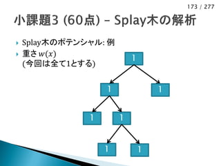 173 / 277




   Splay木のポテンシャル: 例
   重さ 𝑤(𝑥)
                           1
    (今回は全て1とする)


                   1               1


               1       1


                   1           1
 