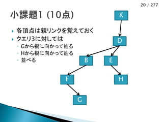20 / 277

                                K

   各頂点は親リンクを覚えておく
   クエリ3に対しては                   D
    ◦ Gから根に向かって辿る
    ◦ Hから根に向かって辿る
    ◦ 並べる               B   E

               F                H


                    G
 