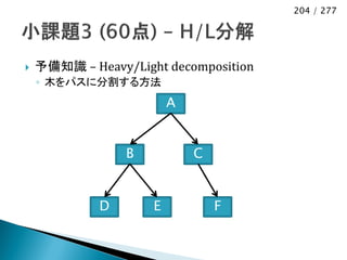 204 / 277




   予備知識 – Heavy/Light decomposition
    ◦ 木をパスに分割する方法
                         A


                 B           C


             D       E           F
 