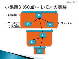 228 / 277




   前準備： splay       B

   各Splay Tree上でsplayをすることで、Xから今の根ま
                F          A
    でを点線だけで行けるようにする

                         C

                 D


                     E
 