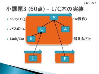 237 / 277




                       B
   splayLC() のメイン操作: つなぎ変え(expose操作)

            C
    パスのつなぎ変え操作を行う          A

             E
    Link/Cut 木でも、左向きのSolid辺を付け替えるだけ




             D             F
 