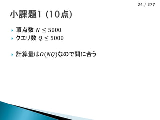 24 / 277




   頂点数 𝑁 ≤ 5000
   クエリ数 𝑄 ≤ 5000

   計算量は𝑂(𝑁𝑄)なので間に合う
 