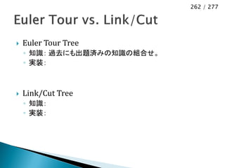 262 / 277




   Euler Tour Tree
    ◦ 知識： 過去にも出題済みの知識の組合せ。
    ◦ 実装：



   Link/Cut Tree
    ◦ 知識：
    ◦ 実装：
 