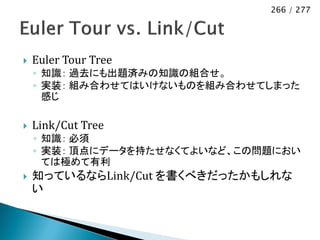 266 / 277




   Euler Tour Tree
    ◦ 知識： 過去にも出題済みの知識の組合せ。
    ◦ 実装： 組み合わせてはいけないものを組み合わせてしまった
      感じ

   Link/Cut Tree
    ◦ 知識： 必須
    ◦ 実装： 頂点にデータを持たせなくてよいなど、この問題におい
      ては極めて有利
   知っているならLink/Cut を書くべきだったかもしれな
    い
 