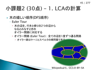 45 / 277




   木の嬉しい順序(DFS順序)
    ◦ Euler Tour
      木の辺を、行きと帰りの2つの辺から
       なるとみなすときの
       オイラー閉路に対応する
      オイラー閉路 (Euler Tour) : 全ての辺を1度ずつ通る閉路
        オイラー路はケーニヒスベルクの橋問題で有名




                          Wikipediaより。 CC3.0-BY-SA
 