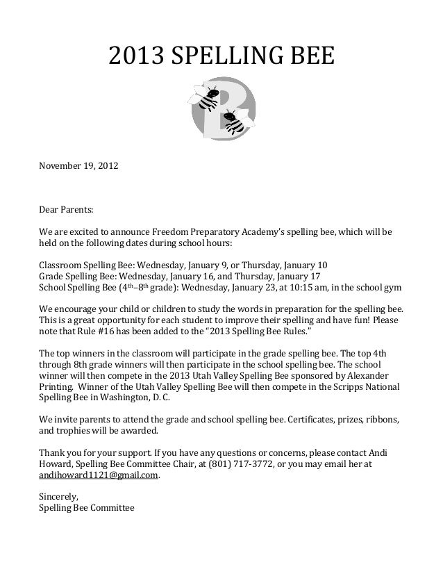 Spelling Bee Invitation Letter To Parents Spelling Bee Invitation Letter To Parents