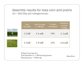 Putting it in perspective:
Total equivalent of ~1200 bacterial genomes
Human genome ~3 billion bp
Assembly results for Iowa corn and prairie
(2x ~300 Gbp soil metagenomes)
Total
Assembly
Total Contigs
(> 300 bp)
% Reads
Assembled
Predicted
protein
coding
2.5 bill 4.5 mill 19% 5.3 mill
3.5 bill 5.9 mill 22% 6.8 mill
Adina Howe
 
