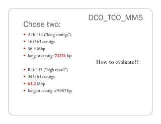 Chose two:
—  A: k=43 (“long contigs”)
—  165563 contigs
—  56.4 Mbp
—  longest contig: 73231 bp
—  B: k=43 (“high recall”)
—  343263 contigs
—  63.2 Mbp
—  longest contig is 9987 bp
DCO_TCO_MM5
How to evaluate??
 