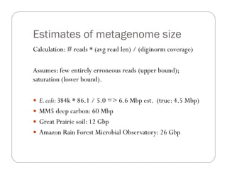 Estimates of metagenome size
Calculation: # reads * (avg read len) / (diginorm coverage)
Assumes: few entirely erroneous reads (upper bound);
saturation (lower bound).
—  E.coli:384k * 86.1 / 5.0 => 6.6 Mbp est. (true: 4.5 Mbp)
—  MM5 deep carbon: 60 Mbp
—  Great Prairie soil: 12 Gbp
—  Amazon Rain Forest Microbial Observatory: 26 Gbp
 