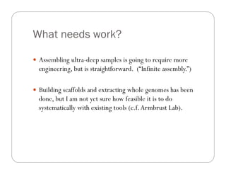 What needs work?
—  Assembling ultra-deep samples is going to require more
engineering, but is straightforward. (“Infinite assembly.”)
—  Building scaffolds and extracting whole genomes has been
done, but I am not yet sure how feasible it is to do
systematically with existing tools (c.f.Armbrust Lab).
 