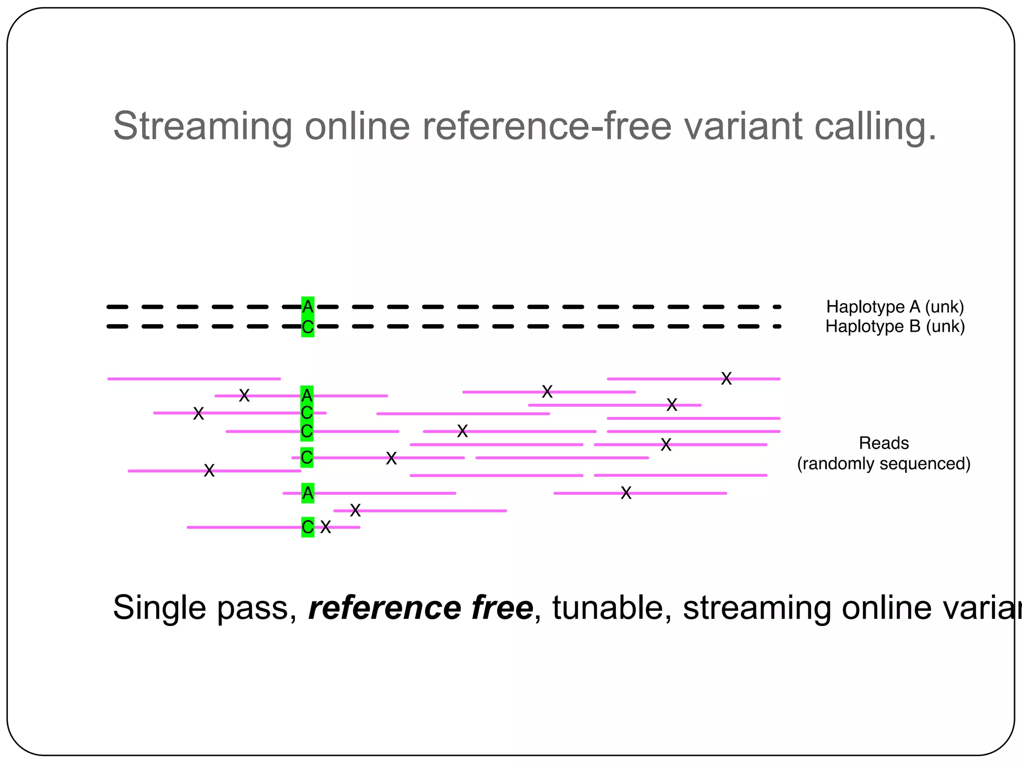 Streaming online reference-free variant calling.

Single pass, reference free, tunable, streaming online varian

 