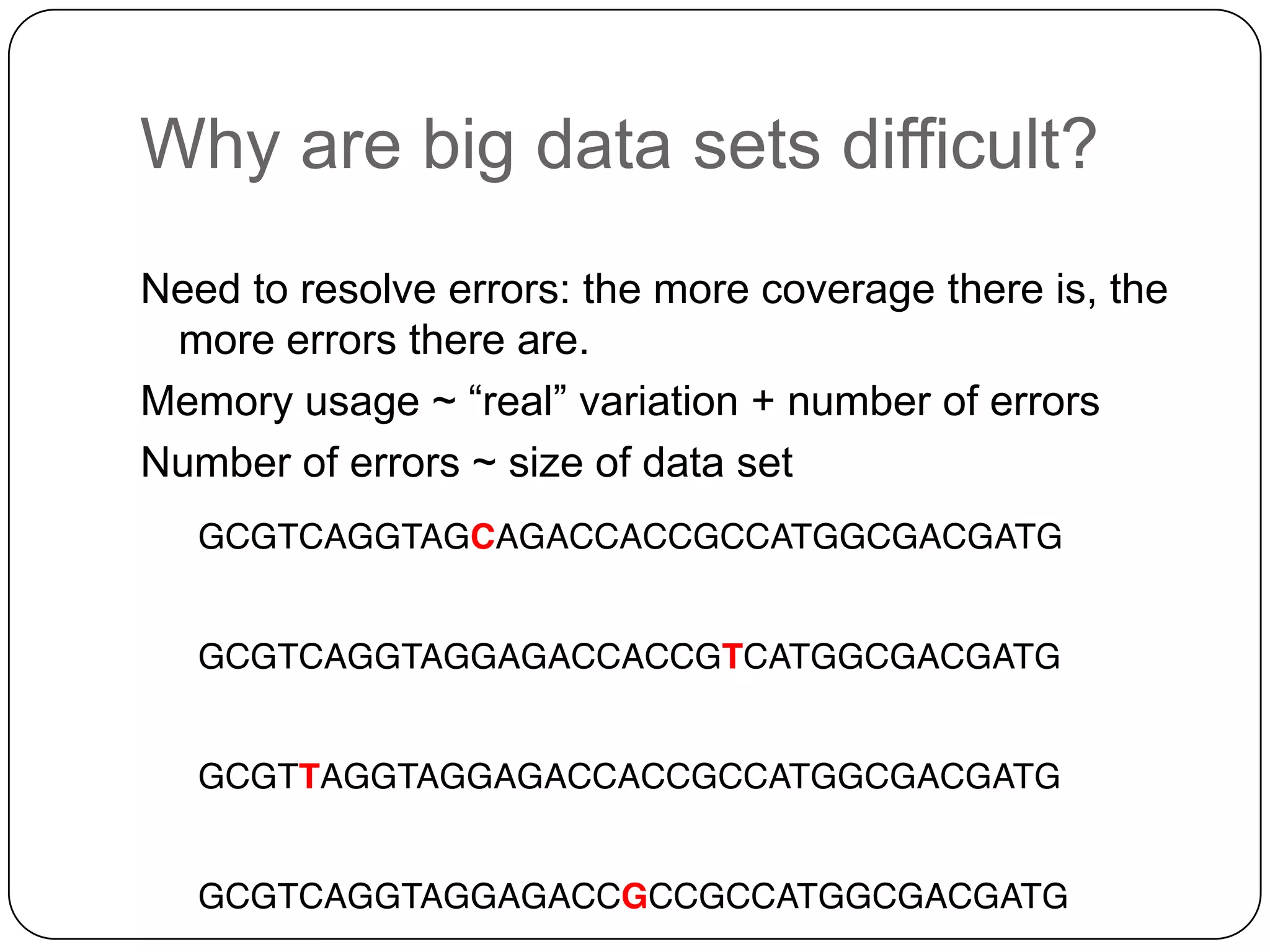 Why are big data sets difficult?
Need to resolve errors: the more coverage there is, the
more errors there are.
Memory usage ~ “real” variation + number of errors
Number of errors ~ size of data set

 