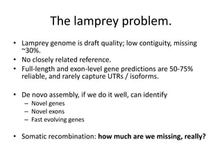The lamprey problem.
• Lamprey genome is draft quality; low contiguity, missing
~30%.
• No closely related reference.
• Full-length and exon-level gene predictions are 50-75%
reliable, and rarely capture UTRs / isoforms.
• De novo assembly, if we do it well, can identify
– Novel genes
– Novel exons
– Fast evolving genes
• Somatic recombination: how much are we missing, really?
 