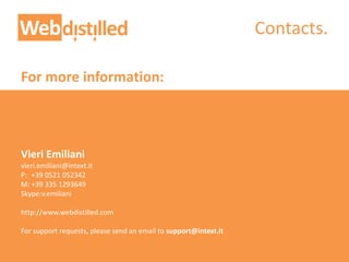 Vieri Emiliani
vieri.emiliani@intext.it
P: +39 0521 052342
M: +39 335 1293649
Skype:v.emiliani
http://www.webdistilled.com
For support requests, please send an email to support@intext.it
For more information:
Contacts.
 