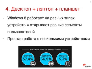 4. Десктоп + лэптоп + планшет9
6
9
-  Windows 8 работает на разных типах
устройств = открывает разные сегменты
пользователей9
-  Простая работа с несколькими устройствами9
9
 
