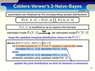 Calders-Verwer’s 2-Naive-Bayes
[Calders+ 10]

parameters are initialized by the corresponding sample distributions

	


Q ...