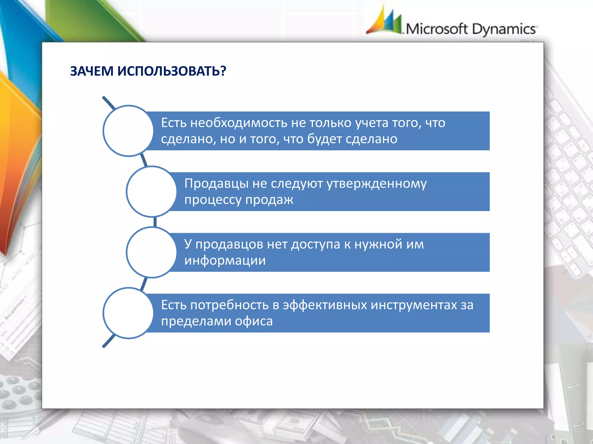 ЗАЧЕМ ИСПОЛЬЗОВАТЬ?
Есть необходимость не только учета того, что
сделано, но и того, что будет сделано
Продавцы не следуют утвержденному
процессу продаж
У продавцов нет доступа к нужной им
информации
Есть потребность в эффективных инструментах за
пределами офиса
 
