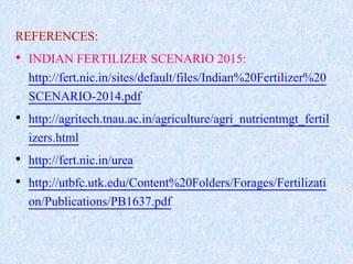 REFERENCES:
• INDIAN FERTILIZER SCENARIO 2015:
http://fert.nic.in/sites/default/files/Indian%20Fertilizer%20
SCENARIO-2014.pdf
• http://agritech.tnau.ac.in/agriculture/agri_nutrientmgt_fertil
izers.html
• http://fert.nic.in/urea
• http://utbfc.utk.edu/Content%20Folders/Forages/Fertilizati
on/Publications/PB1637.pdf
 
