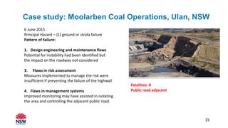 Case study: Moolarben Coal Operations, Ulan, NSW
6 June 2015
Principal Hazard – (1) ground or strata failure
Pattern of failure:
1. Design engineering and maintenance flaws
Potential for instability had been identified but
the impact on the roadway not considered
3. Flaws in risk assessment
Measures implemented to manage the risk were
insufficient if preventing the failure of the highwall
4. Flaws in management systems
Improved monitoring may have assisted in isolating
the area and controlling the adjacent public road.
Fatalities: 0
Public road adjacent
15
 