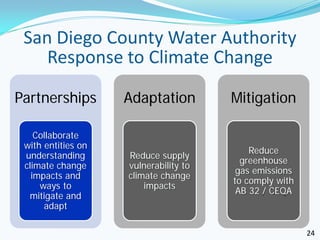 San Diego County Water Authority
    Response to Climate Change

Partnerships        Adaptation         Mitigation

    Collaborate
 with entities on
                                           Reduce
 understanding      Reduce supply
                                         greenhouse
 climate change     vulnerability to
                                        gas emissions
   impacts and      climate change
                                       to comply with
     ways to            impacts
                                        AB 32 / CEQA
  mitigate and
      adapt

                                                        24
 