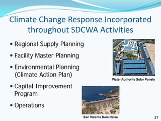 Climate Change Response Incorporated
     throughout SDCWA Activities
 Regional Supply Planning
 Facility Master Planning
 Environmental Planning
  (Climate Action Plan)
                                              Water Authority Solar Panels

 Capital Improvement
  Program
 Operations
                             San Vicente Dam Raise                       27
 