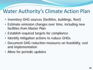 Water Authority’s Climate Action Plan
• Inventory GHG sources (facilities, buildings, fleet)
• Estimate emission changes over time, including new
  facilities from Master Plan
• Establish required targets for compliance
• Identify mitigation actions to reduce GHGs
• Document GHG reduction measures on feasibility, cost
  and implementation
• Allow for periodic updates



                                                         38
 
