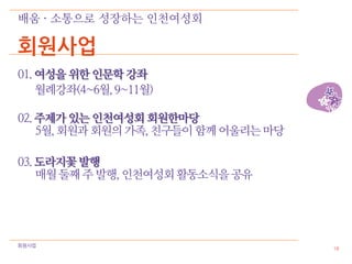 배움 · 소통으로 성장하는 인천여성회

회원사업
01. 여성을 위한 인문학 강좌
    월례강좌(4~6월, 9~11월)

02. 주제가 있는 인천여성회 회원한마당
    5월, 회원과 회원의 가족, 친구들이 함께 어울리는 마당

03. 도라지꽃 발행
    매월 둘째 주 발행, 인천여성회 활동소식을 공유




회원사업
                                      19
 