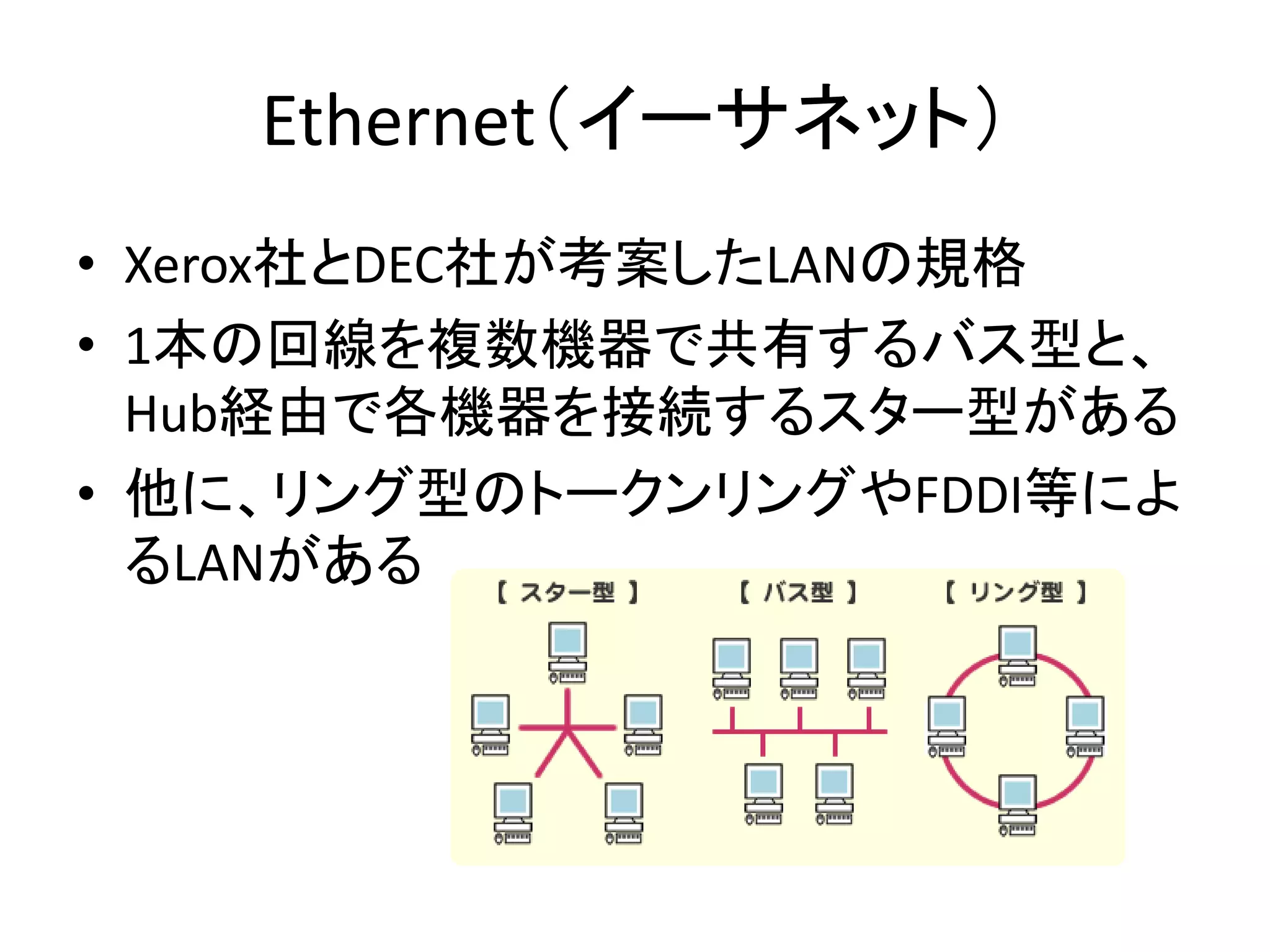 Ethernet（イーサネット）
• Xerox社とDEC社が考案したLANの規格
• 1本の回線を複数機器で共有するバス型と、
  Hub経由で各機器を接続するスター型がある
• 他に、リング型のトークンリングやFDDI等によ
  るLANがある
 