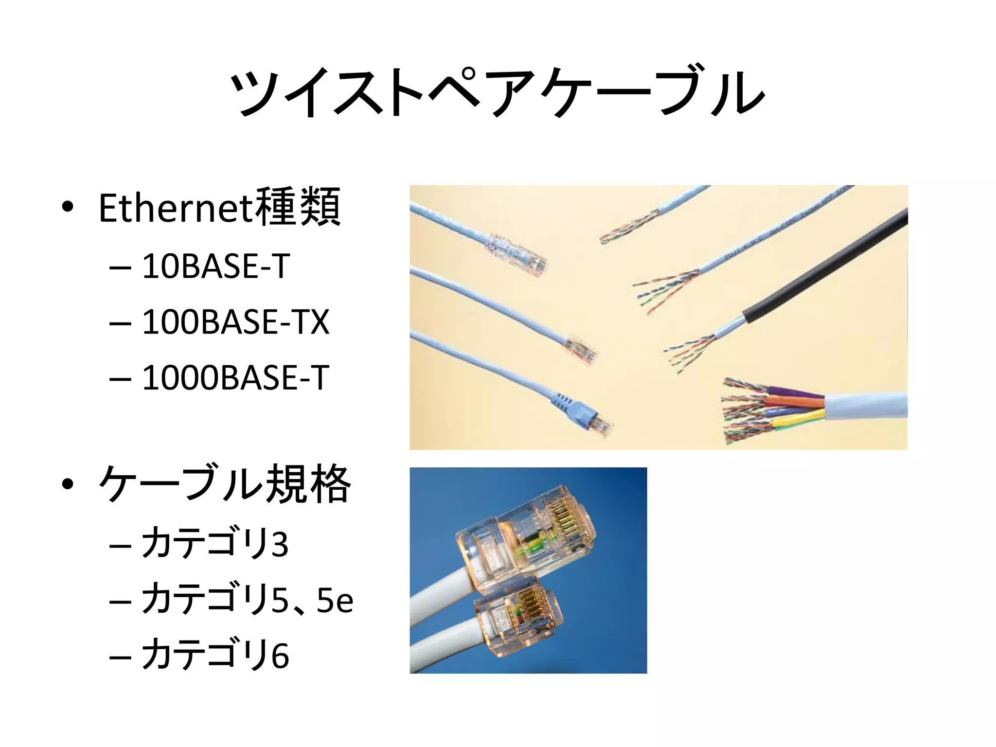 ツイストペアケーブル
• Ethernet種類
  – 10BASE-T
  – 100BASE-TX
  – 1000BASE-T

• ケーブル規格
  – カテゴリ3
  – カテゴリ5、5e
  – カテゴリ6
 