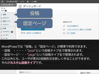 投稿

        固定ページ



WordPressでは「投稿」と「固定ページ」が標準で利用できます。
・投稿 ・・・・・ post という投稿タイプ名で管理されます。
・固定ページ・・・ page という投稿タイプ名で管理されます。
これ以外にも、ユーザが第3の投稿形式を新しく作ることができます。
それがカスタム投稿タイプです。
 