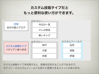 カスタム投稿タイプだと
        もっと便利な使い方ができます。

             カテゴリー
    投稿          今日の一言
 自分の個人ブログ
                オレの特技

                寒いギャグ

             カテゴリー       カスタムフィールド

 カスタム投稿タイプ        神戸        住所
 イタリアン食べ歩き       大阪         席数

                 京都         評価


カスタム投稿タイプを利用すると、投稿を区別することができるので、
カテゴリーやカスタムフィールドも別々に管理できるメリットがあります。
 