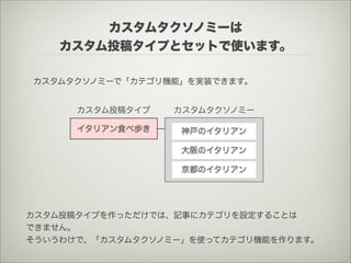 カスタムタクソノミーは
    カスタム投稿タイプとセットで使います。

カスタムタクソノミーで「カテゴリ機能」を実装できます。


      カスタム投稿タイプ   カスタムタクソノミー

      イタリアン食べ歩き    神戸のイタリアン

                   大阪のイタリアン

                   京都のイタリアン




カスタム投稿タイプを作っただけでは、記事にカテゴリを設定することは
できません。
そういうわけで、「カスタムタクソノミー」を使ってカテゴリ機能を作ります。
 