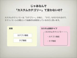 じゃあなんで
       「カスタムカテゴリー」て言わないの?

カスタムタクソノミーは「カテゴリー」の他に、「タグ」も付けられるので、
タクソノミー(=分類)という抽象的な表現をしているのだと思います。



  投稿                カスタム投稿タイプ
                      カスタムタクソノミー
       カテゴリ機能
                       ・カテゴリ機能

        タグ機能           ・タグ機能
 