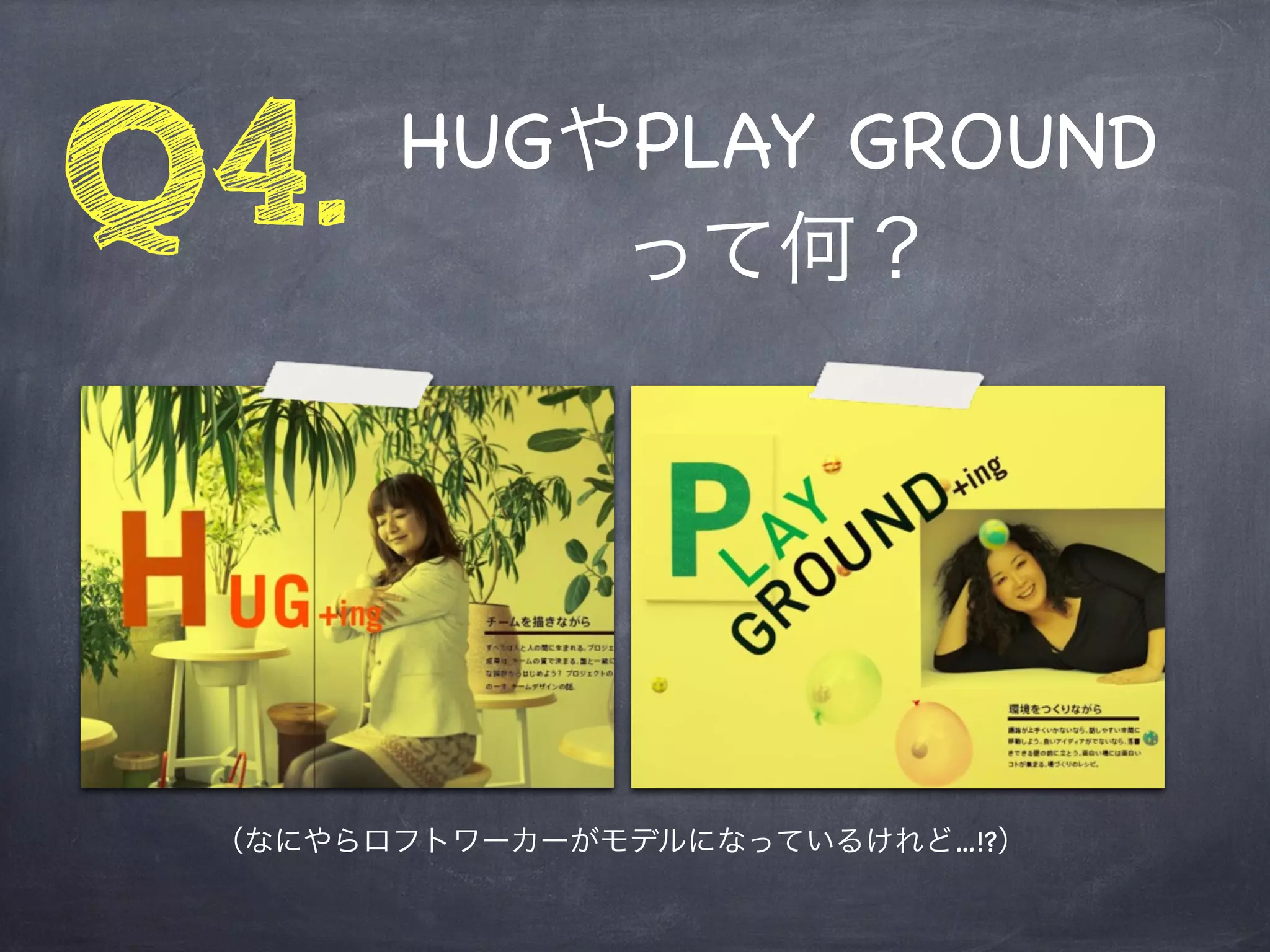 HUGやPLAY GROUND
Q4.        って何？




 （なにやらロフトワーカーがモデルになっているけれど…!?）
 