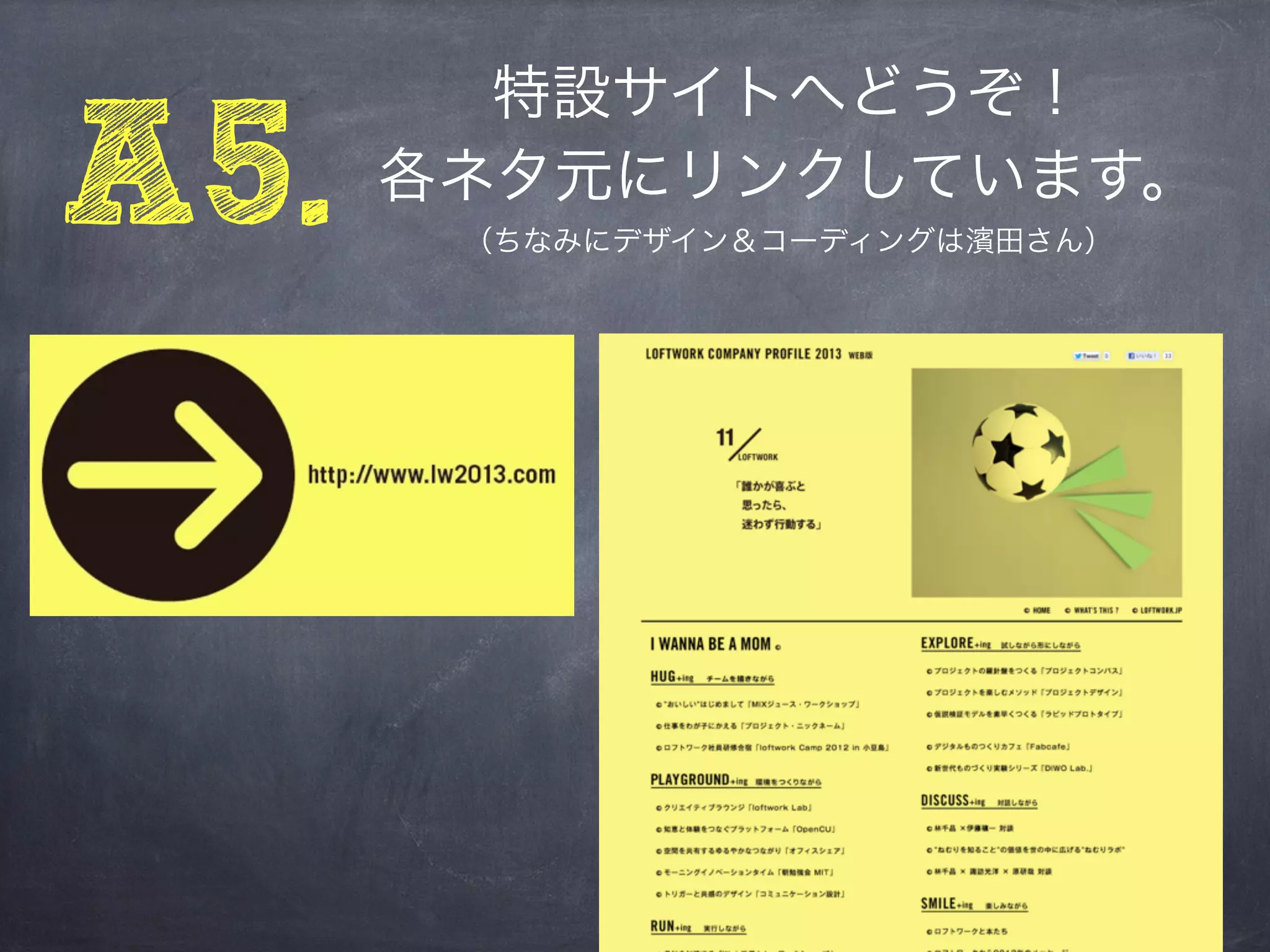 特設サイトへどうぞ！
A5.   各ネタ元にリンクしています。
       （ちなみにデザイン＆コーディングは濱田さん）
 