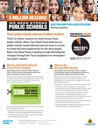 RAISE YOUR HAND TEXAS LEGISLATIVE AGENDA
                                                                                              83rd Texas Legislature


          Texas public schools educate 5 million students.                                                                   WHO EDUCATES 5 MILLION
                                                                                                                             TEXAS STUDENTS?
          That’s 5 million reasons we need strong Texas
          public schools. Raise Your Hand Texas believes our
          public schools remain the best tool we have as a state
          to create the most opportunity for the most people.                                                                         PUBLIC
                                                                                                                                      SCHOOLS              91%
          Raise Your Hand Texas is working to make the following                                                                              Private Schools 6%
                                                                                                                                                Public Charters 3%
          changes through the Texas legislature to strengthen
                                                                                                                             PUBLIC SCHOOLS     PRIVATE SCHOOLS      PUBLIC CHARTERS
          our public schools:                                                                                                4,823,842          313,360              154,278




          Restore Critical Funding for                                                               Improve the
SUPPORT   Texas Public Schools                                                             SUPPORT   Accountability System
          Texas public schools educate 5 million students.                                           Texas public schools educate 5 million students.
          That’s 5 million reasons to implement better and                                           That’s 5 million students and families who deserve an
          fairer funding for our public schools.                                                     accurate picture of the quality of their schools.
          Last session $5.3 billion was slashed from state funding                                   Raise Your Hand Texas is encouraged by the work
          for public schools. Texas ranks second nationally in total                                 being done by the Texas Education Agency and
          public school enrollment – but 45th in the nation in                                       stakeholders to make significant changes to the state
          per-student spending in 2011-2012.                                                         accountability system.
                                                                                                     Proposals to improve the accountability system should:
                                                                                                     • Consider a variety of measures in arriving at an
                     THAT IS AN AVERAGE CUT OF OVER                                                    accountability rating, including student progress, while


                     $500 PER STUDENT
                                                                                                       not making rating dependent on a single measure;
                                                                                                     • Consider factors other than performance on state
                                         PER YEAR                                                      assessments, including AP/IB and dual credit
                     OR $11,000 PER CLASSROOM.                                                         participation, graduation rates, CTE participation and
                                                                                                       similar measures of student achievement;
                                                                                                     • Provide meaningful performance results that the public
                                                                                                       can easily assess and understand; and
                                                                                                     • Simplify and align standards and reporting under the
          Raise Your Hand Texas supports restoring critical funding                                    state and federal accountability systems.
          for Texas public schools by:
          • Restoring the $5.3 billion in cuts to public education from
            last session, and fully funding student enrollment growth.
          • Implementing a school finance system that is logical,
            fair and appropriately funded.

 LEGISLATIVE                 LEGISLATIVE ADVERTISING PAID FOR BY: David Anthony, CEO, Raise Your Hand Texas
                             3200 Southwest Freeway, Suite 2070 | Houston, TX 77027
 AGENDA 01                   P 713.993.7667 | F 713.993.7691 | www.RaiseYourHandTexas.org
 