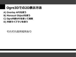 Ogre3Dでの2D表示方法
A) Overlay APIを使う
B) Manaual Objectを使う
C) Ogre内部APIを使って描画
D) 外部ライブラリを使う



  それぞれ長所短所あり
 