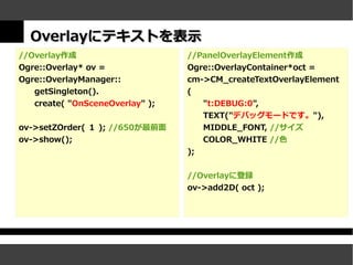 Overlayにテキストを表示
//Overlay作成                      //PanelOverlayElement作成
Ogre::Overlay* ov =              Ogre::OverlayContainer*oct =
Ogre::OverlayManager::           cm->CM_createTextOverlayElement
   getSingleton().               (
   create( "OnSceneOverlay" );      "t:DEBUG:0",
                                    TEXT("デバッグモードです。"),
ov->setZOrder( １ ); //650が最前面       MIDDLE_FONT, //サイズ
ov->show();                         COLOR_WHITE //色
                                 );


                                 //Overlayに登録
                                 ov->add2D( oct );
 