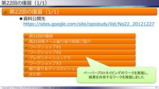 第22回の復習（1/1）
第22回の復習（1/1）
 資料公開先
https://sites.google.com/site/spostudy/list/No22_20121227
10
ペーパープロトタイピングのワークを実施し、
結果を共有するワークを実施しました
Copyright © POStudy (プロダクトオーナーシップ勉強会). All rights reserved.
 